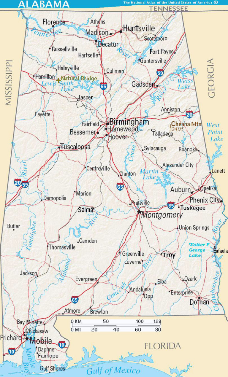 Detailed Road Map Of Alabama State With Relief And Cities – Printable ...