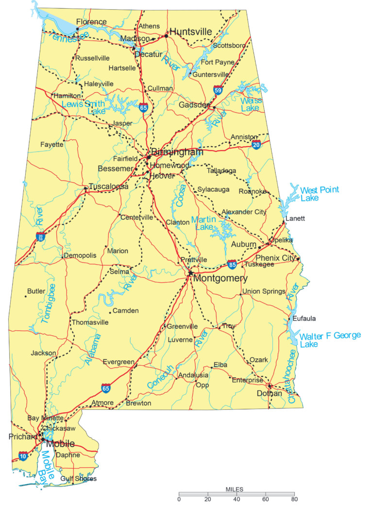 Large Detailed Road Map Of Alabama With Cities Vidiani – Printable Map ...