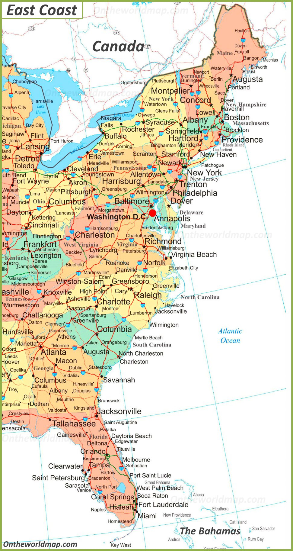travel map of eastern usa