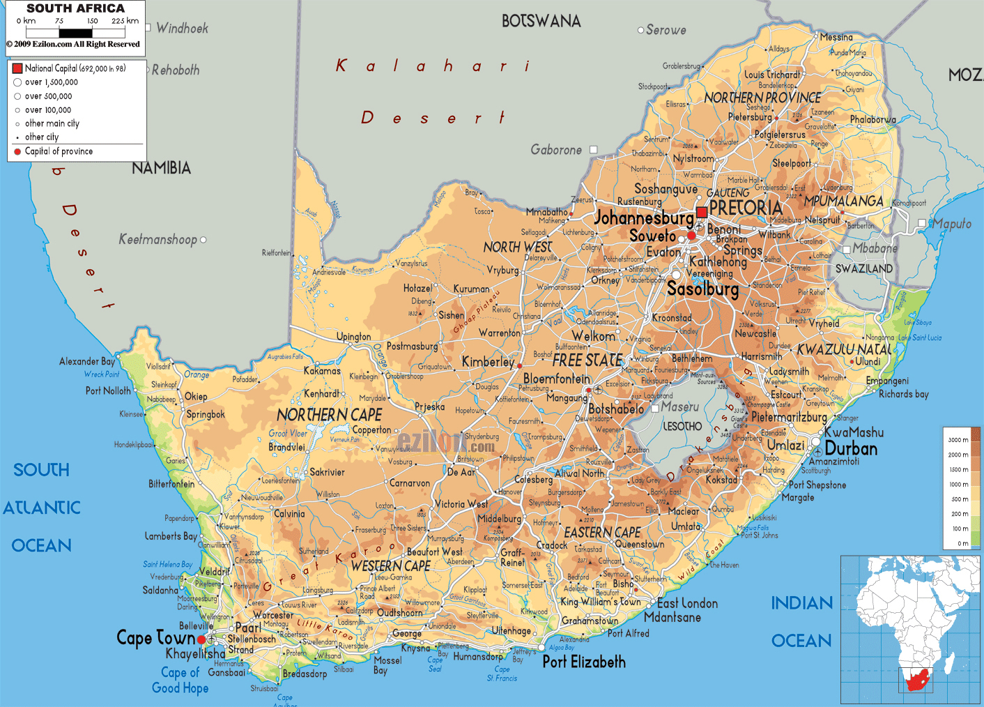 Large Detailed Physical Map Of South Africa With All 