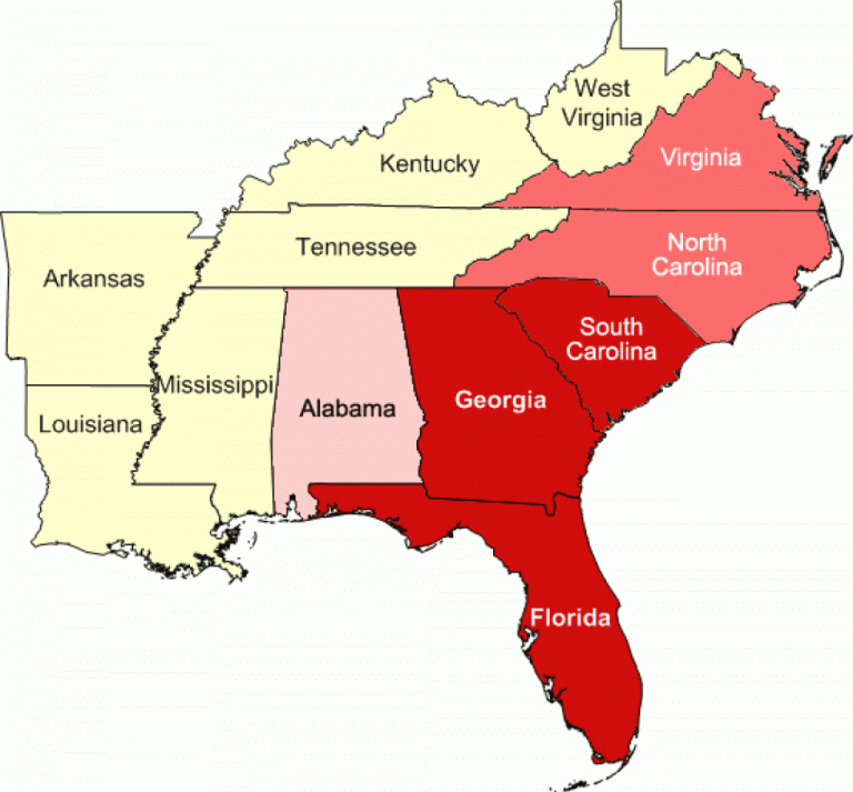 Map Of The Southeast Region Of The United States