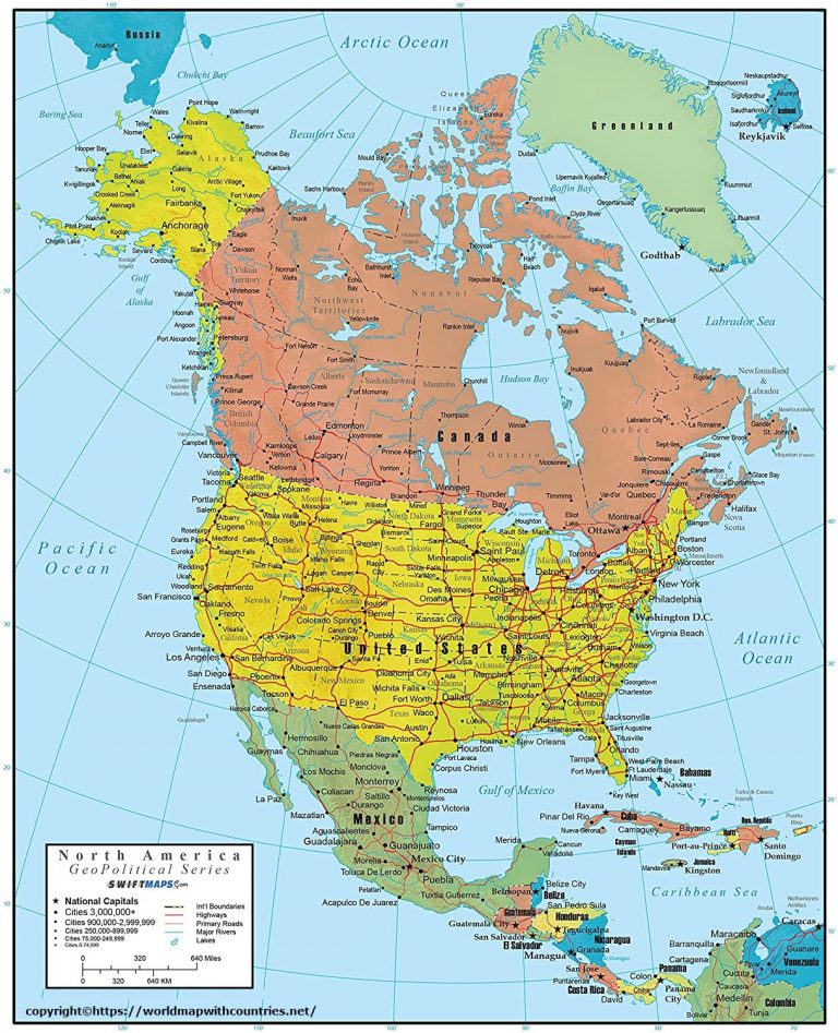 Free Political Map Of North America With Countries In PDF